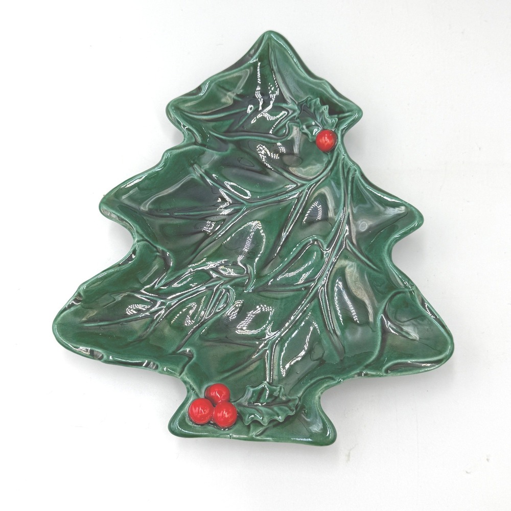 Holly Berry Christmas Tree Vintage Hand Painted Dish Apps Labeled 2691 1950s